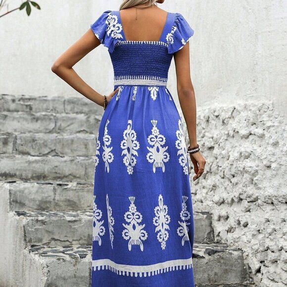 Royal Blue Boho Women's Vintage Style Printed Square Neckline Dress - Picture 4 of 6